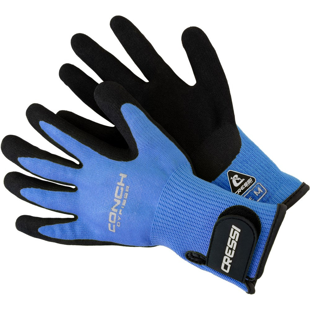 Blue and black gloves with Cressi Conch branding on a white background