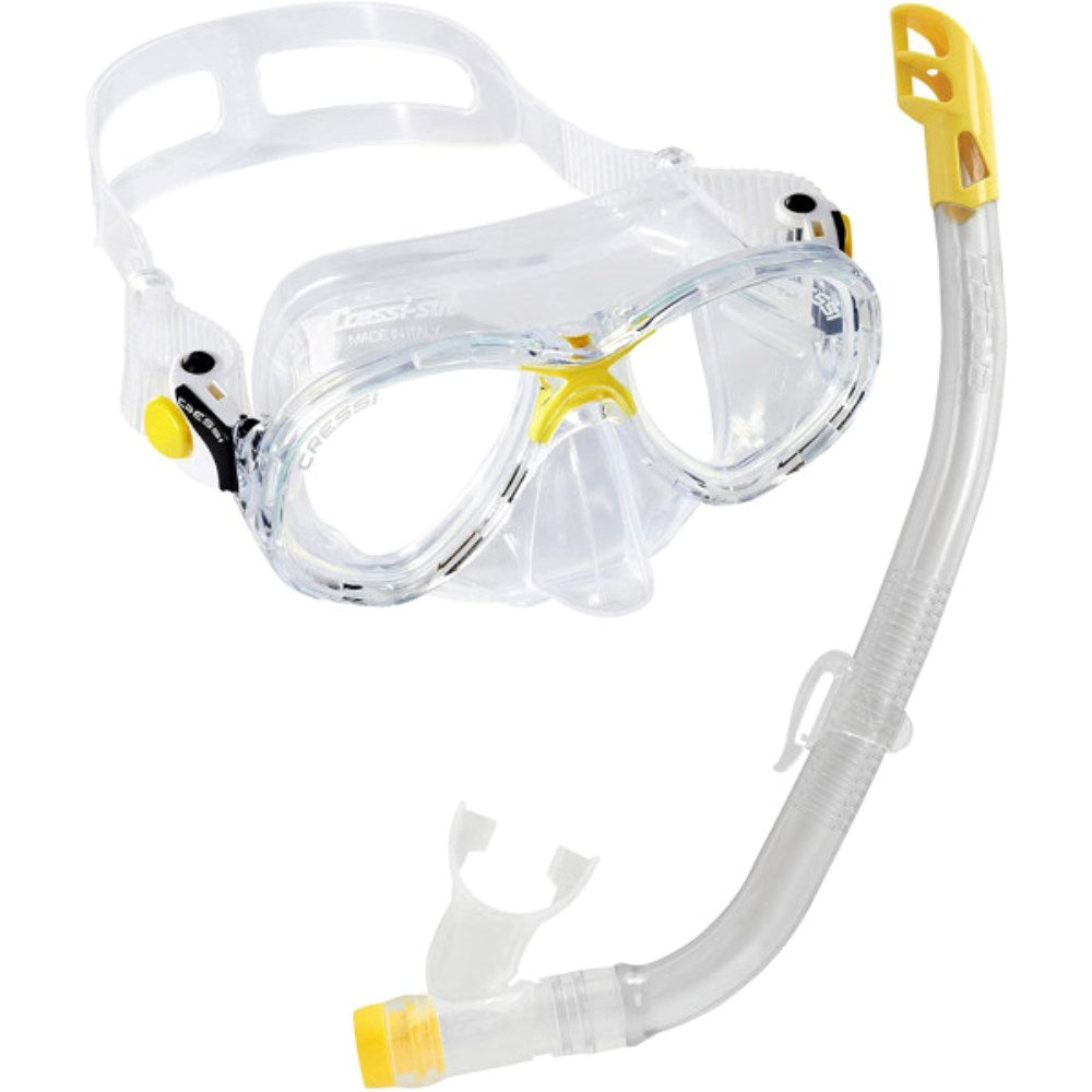 Cressi Marea Junior Mask & Snorkel Set A youth mask and snorkel set, primarily clear with yellow accents, designed for comfortable underwater viewing and easy breathing.