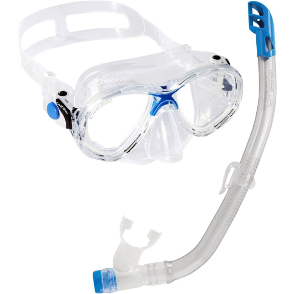 Cressi Marea Junior Mask & Snorkel Set A youth mask and snorkel set, primarily clear with blue accents, designed for comfortable underwater viewing and easy breathing.