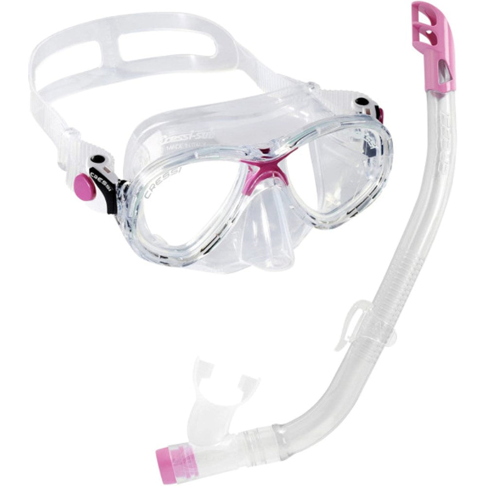 Cressi Marea Junior Mask & Snorkel Set A youth mask and snorkel set, primarily clear with pink accents, designed for comfortable underwater viewing and easy breathing.