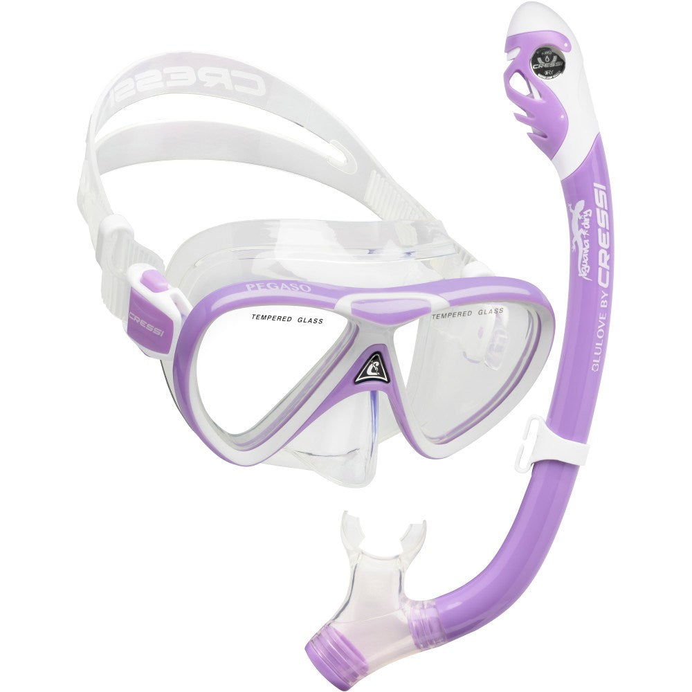 A set of snorkeling equipment consisting of a white and purple Cressi Pegaso mask and a purple and clear Iguana Dry JR snorkel.