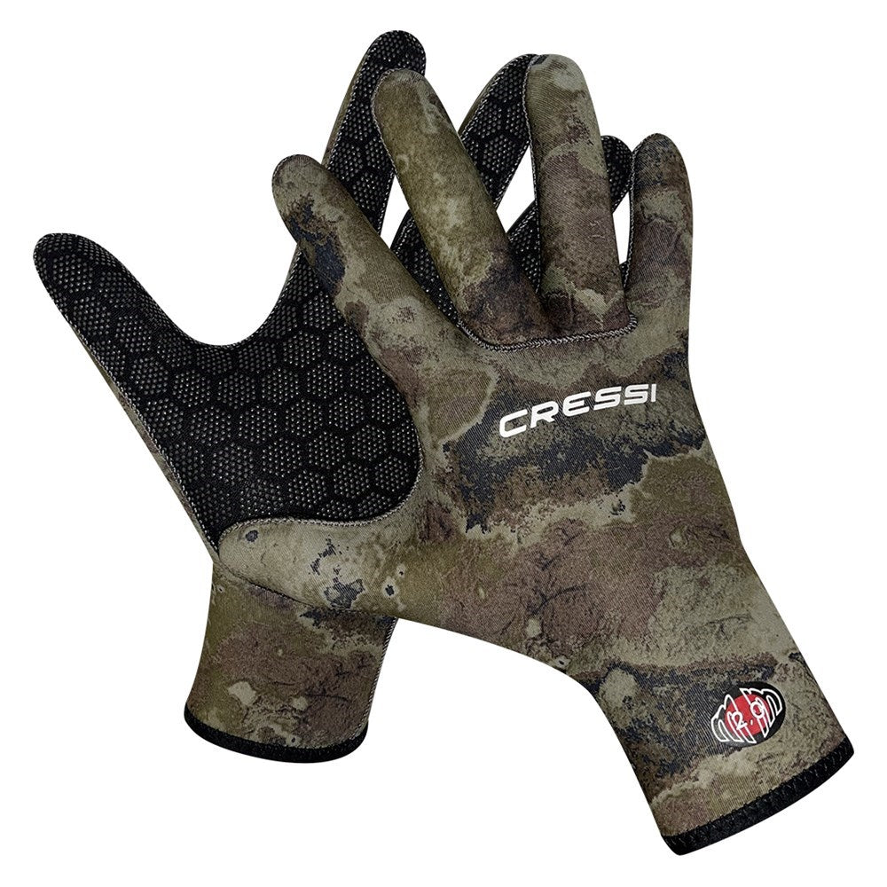 Camouflage diving glove with Cressi branding on a white background