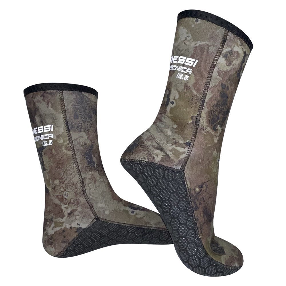 Camouflage socks with a brand logo on a white background