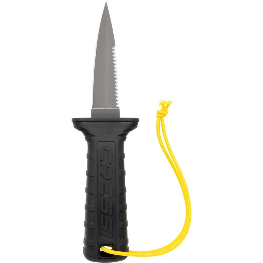 A fixed-blade Cressi Mamba Titanium Knife with a black textured handle and a silver serrated blade, featuring a bright yellow lanyard attached to the handle.