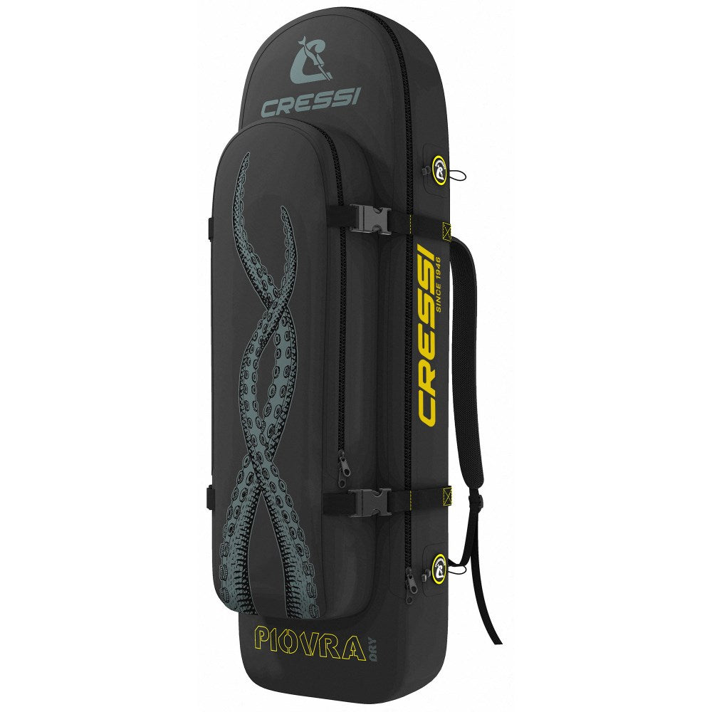 A black Cressi Piovra Dry Bag with yellow and grey accents, designed for water sports and storage of diving equipment, featuring multiple straps and compartments.