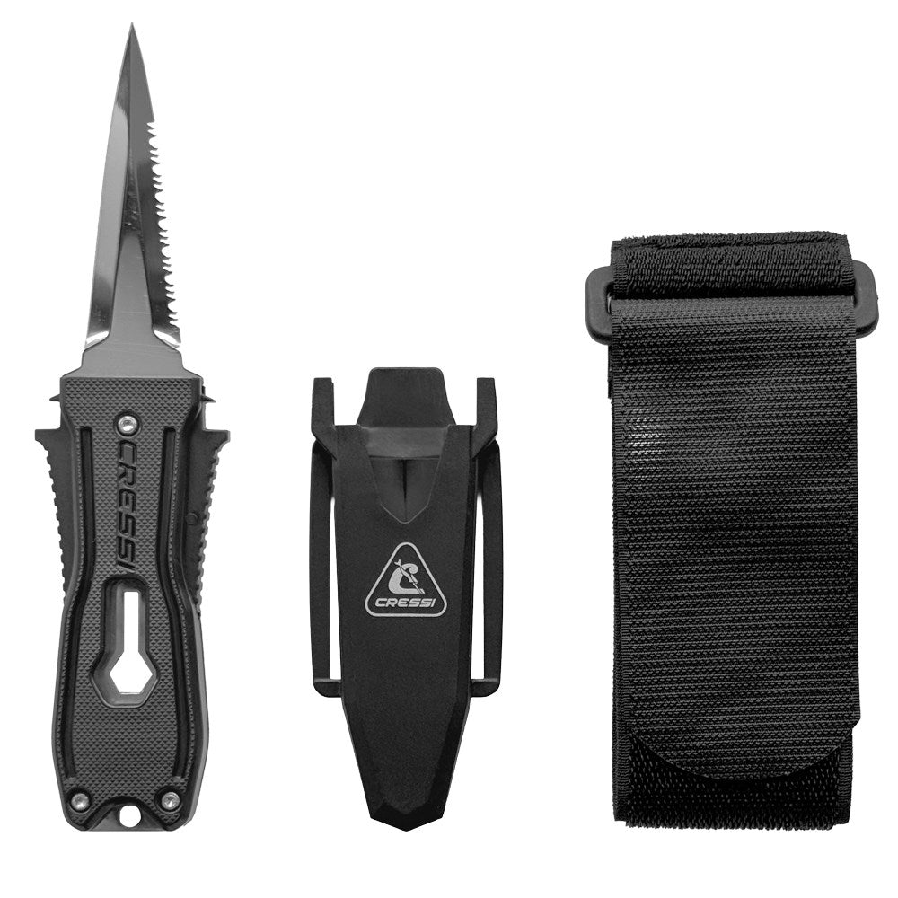 Cressi Snake Knife with sheath and belt clip on a white background