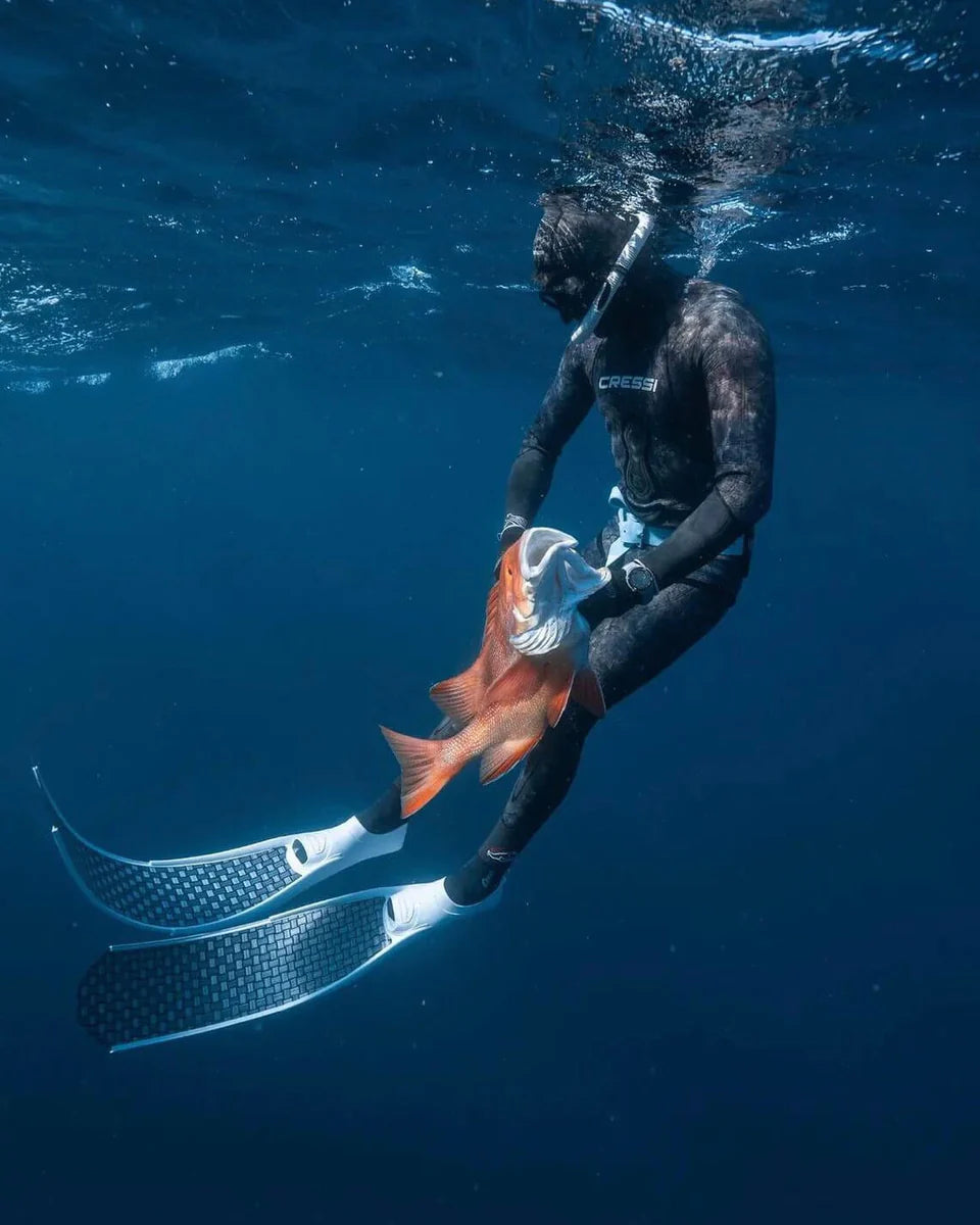 Person in a wetsuit holding a fish underwater with clear blue water.