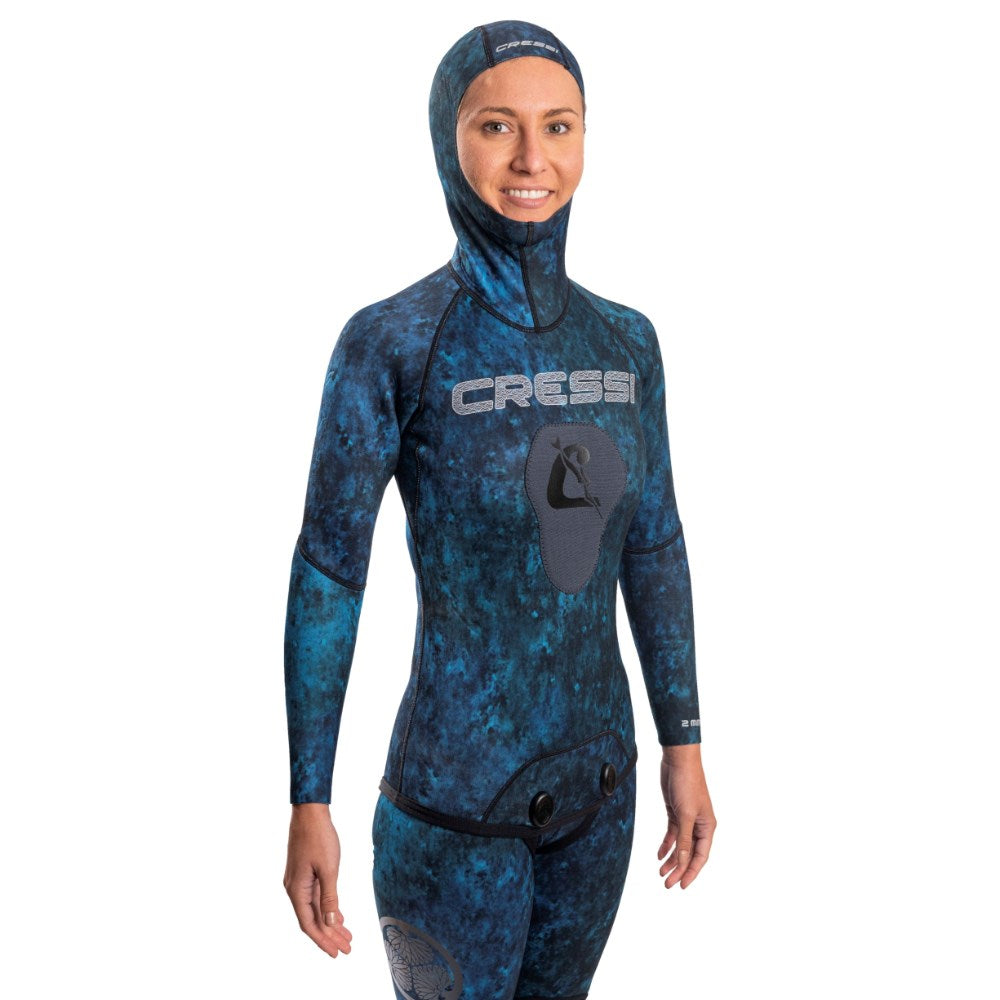 Female wearing a blue camouflage Cressi Tokugawa Ladies OC 3.5mm 2pc Wetsuit
